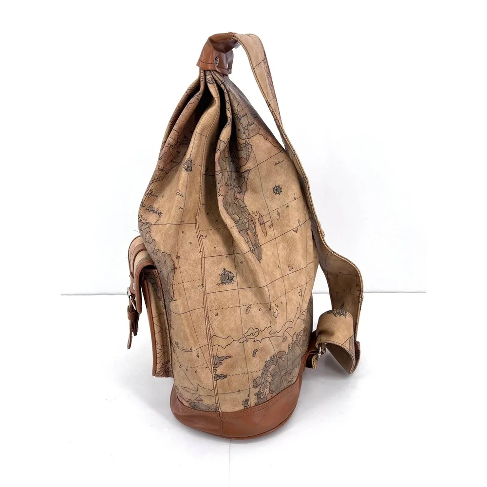 Euro Trends World Map Print Sling Backpack Brown Faux Leather‎ Travel Bag
